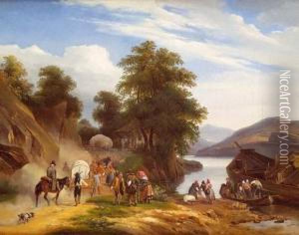 Le Debarcadere, Circa 1820 Oil Painting - Auguste-Xavier Leprince