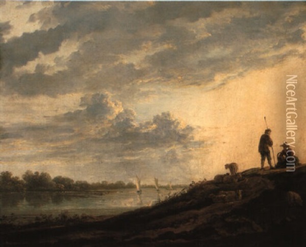 A River Landscape With Shepherds And Sheep On A Track Oil Painting - Aelbert Cuyp