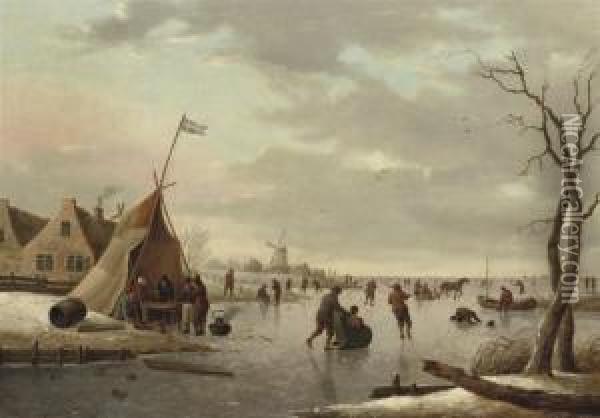 A Winter Landscape With Figures Skating On A Frozen Lake Oil Painting - Hendrick Willelm Schweickhardt