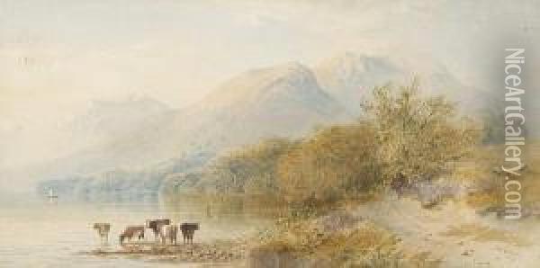 Cattle Beside A Lake With Mountainsbeyond Oil Painting - Cornelius Pearson