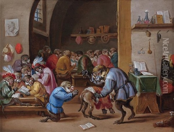 Ecole Des Singes: La Fessee Oil Painting - Abraham Teniers