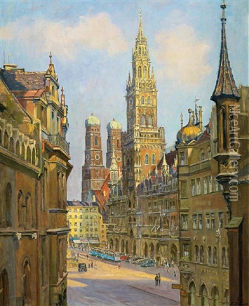 Der Marienplatz In Munchen Am Morgen Oil Painting - Edmund Koerner