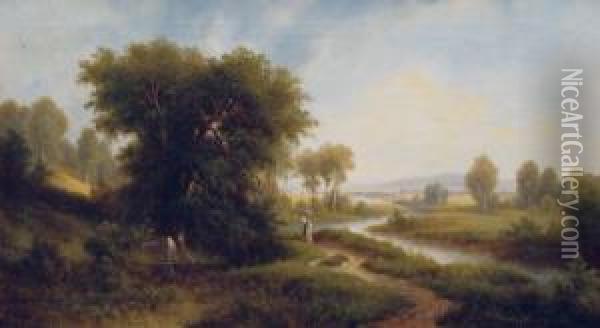 Fluslandschaft Mit Frau Am Uferweg Oil Painting - Josef, Jacob Burgaritzky