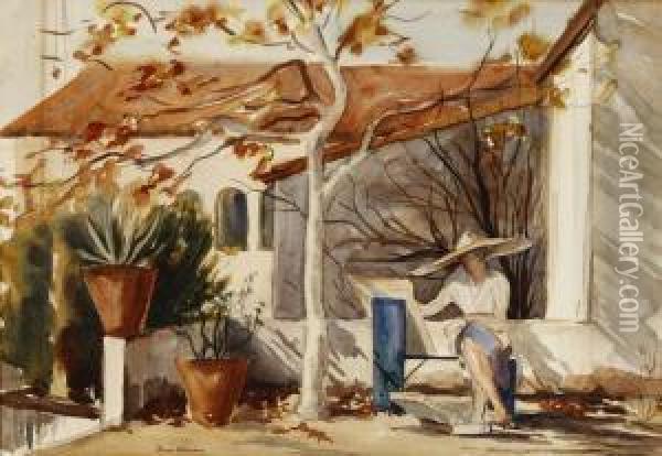 Painting On The Veranda Oil Painting - Donna Schuster