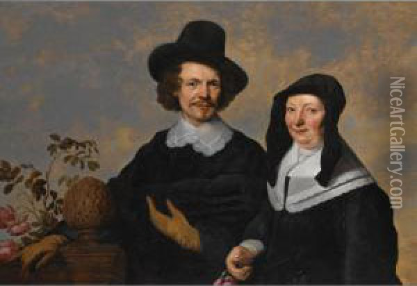 Jacob Fransz. Van Der Merck 
 

 
 A Portrait Of A Gentleman, Bust Length, Wearing A Black Suit With A White Lace Collar And A Black Hat, Together With His Wife, Bust Length, Wearing A Black Dress With A White Lace Collar And A Oil Painting - Jacob Fransz. Van Der Merck