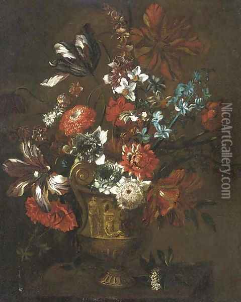 Parrot tulips, chrysanthemums, morning glory, narcissi and other flowers in an urn on a ledge Oil Painting - Nicolo Stanchi