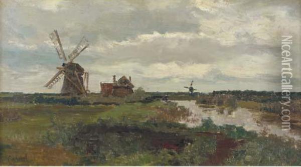Windmills In A Polder Landscape Oil Painting - Paul Joseph Constantine Gabriel