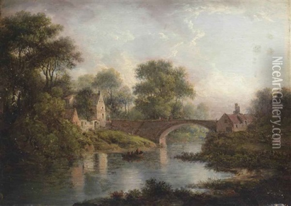 A Wooded River Landscape, With Figures On A Boat, A Bridge And A Village Beyond Oil Painting - Patrick Nasmyth