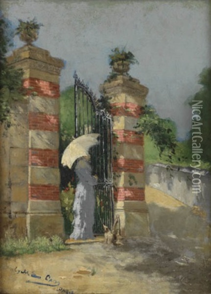 Lady With A Parasol At A Gate Oil Painting - Lyell E. Carr