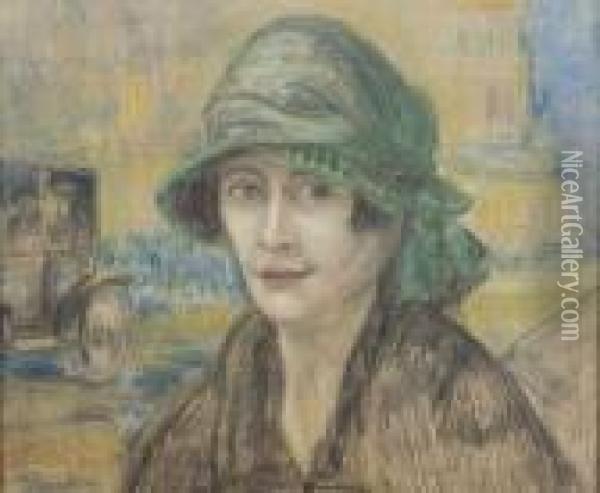 Jeune Femme Au Chapeau Vert Oil Painting - Theophile Alexandre Steinlen