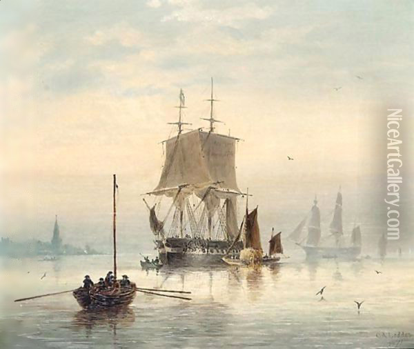 Estuary Scene With Man-O'-War At Anchor And Hay Barge Oil Painting - Capt. Charles A. Lodder