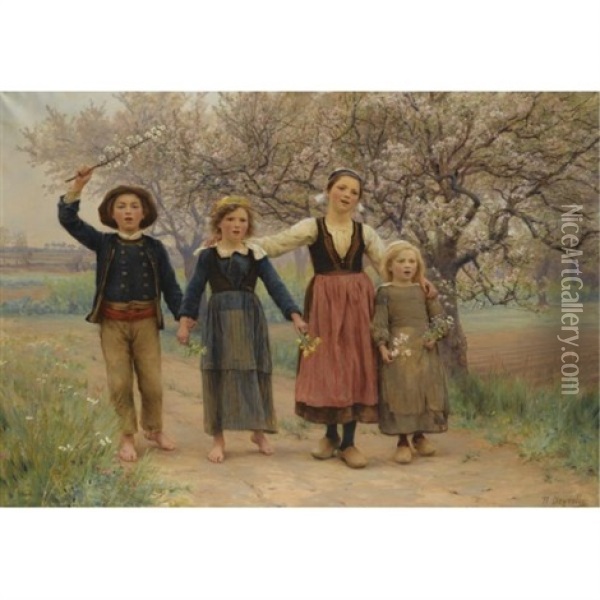 La Chanson De Mai, Bretagne Oil Painting - Theophile-Louis Deyrolle