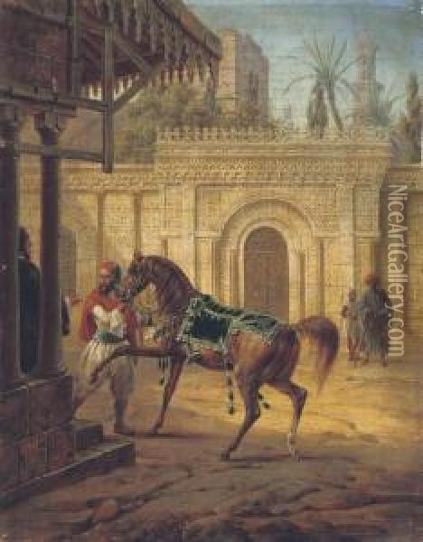 An Arabian Mare And A Groom In A Courtyard Oil Painting - Heinrich Von Mayr