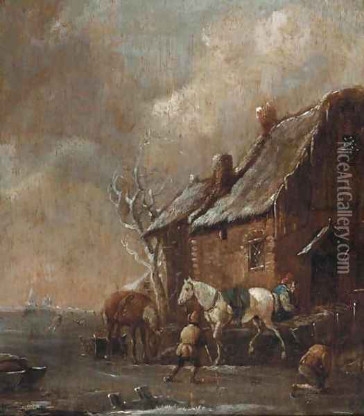 A winter landscape with figures skating and playing kolf on a frozen river by a farm Oil Painting - Claes Molenaar (see Molenaer)