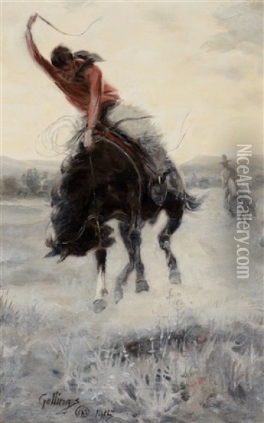 Cowboy On A Bronc Oil Painting - Elling William Gollings
