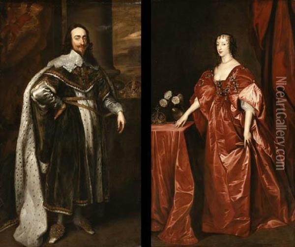 Dyck, A.
Portrait Of Charles I; And Portrait Of Queen Henrietta Maria,standing Full Length In Interiors Oil Painting - Sir Anthony Van Dyck