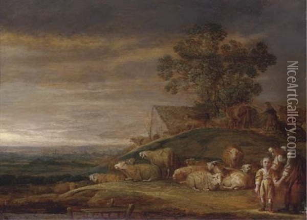 A River Landscape With A Shepherd, His Family And Flock Oil Painting - Franz (Francois) Ryckhals