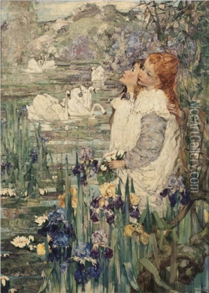 By The Lily Pond Oil Painting - Edward Atkinson Hornel