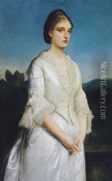 Portrait Of Mrs. S. Dickinson In A White Dress, In A Landscape Oil Painting - Charles Edward Halle