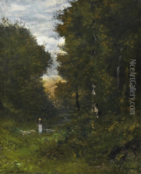 Madchen Mit Schafen Im Wald Von Fontainebleau Oil Painting - Alexandre Defaux