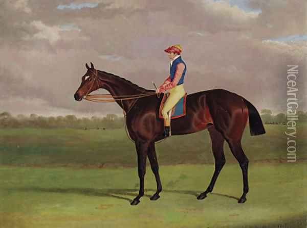 Bessy Bedlam, a brown racehorse with Tommy Lye up, in a landscape Oil Painting - John Frederick Herring Snr