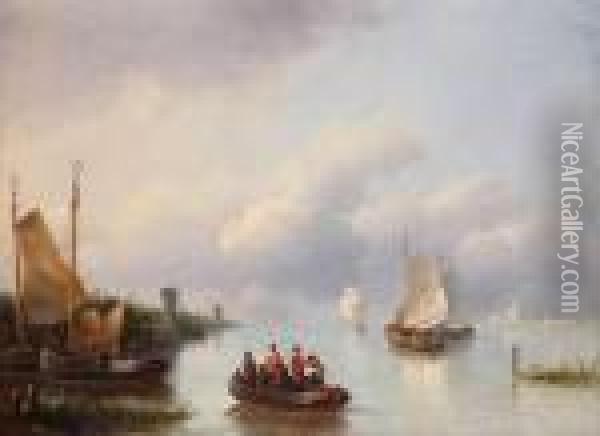 Hollands Rivierlandschap Met Figuren In Sloep En Zeilboten Oil Painting - Johann Hendrik Morrien