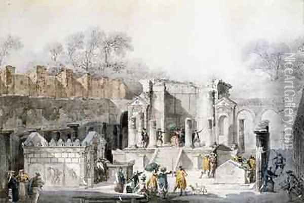 Tourists at the Temple of Isis in the Ruins of Pompeii Oil Painting - Louis Jean Desprez