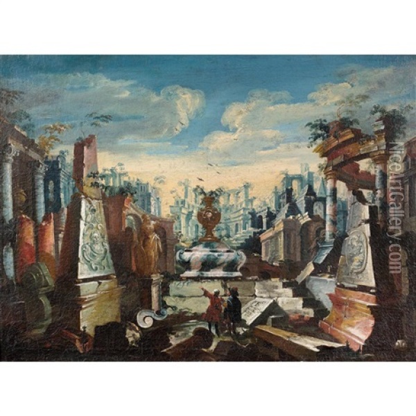 Deux Voyageurs Dans Des Architectures En Ruines Oil Painting - Antonio Visentini