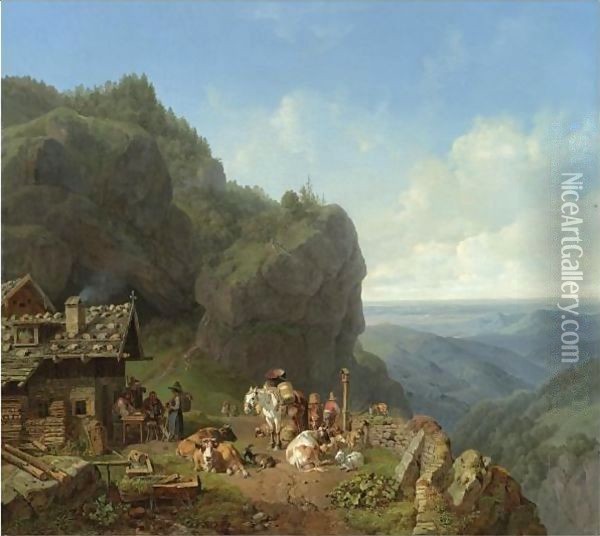 Tavern In The Alps Oil Painting - Heinrich Burkel