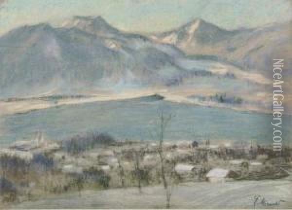 Blick Auf Den Tegernsee Im Winter. Oil Painting - Ferdinand Von Mirwald