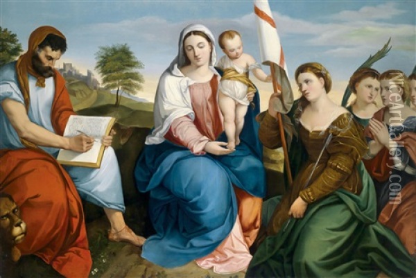 Madonna Mit Kind Und Dem Heiligen Markus Evangelista, Sowie Ursula Mit Jungfrauen Oil Painting - Johann Matthias Ranftl