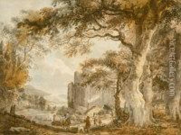 Ra - A Capriccio Landscape With Figures Before A Castle Oil Painting - Paul Sandby