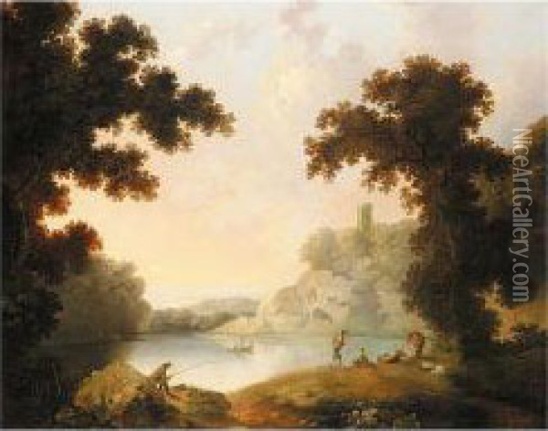 Wooded Landscape With Figures By A Lake, And A Distant Town Oil Painting - George Cuitt