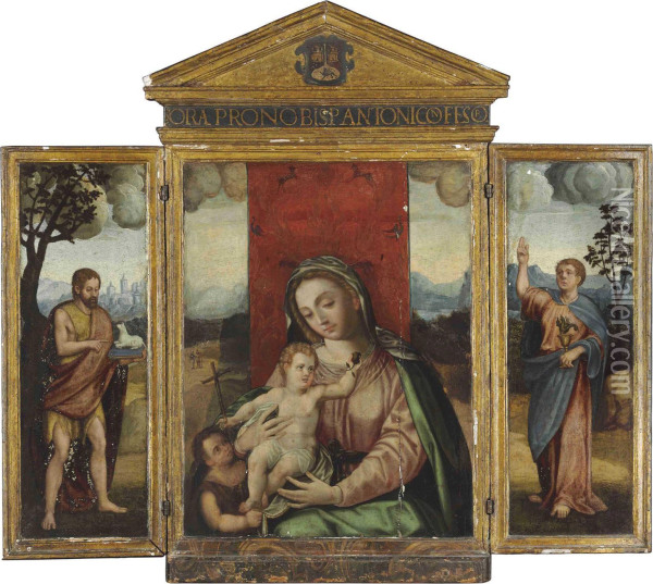 A Triptych Of The Virgin And Child With The Young Saint John Thebaptist Oil Painting - Luis de Morales