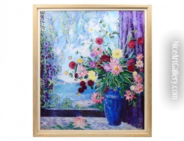 Flowers In A Vase On A Table With A View Of A Lake With Sailboats And Wisteria Oil Painting - Dorothea M. Litzinger