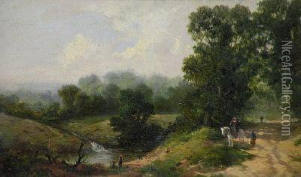 Figures On A Path In A Wooded River Landscape Oil Painting - Thomas Creswick
