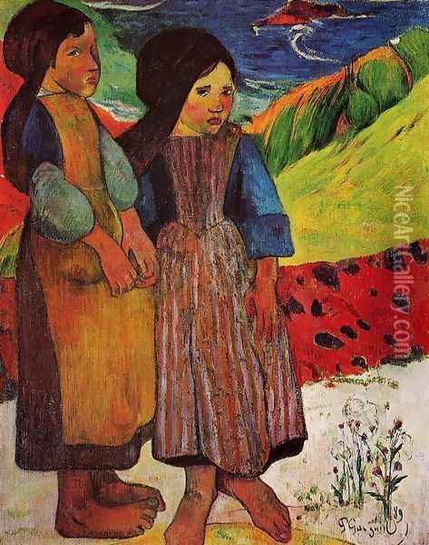 Breton Girls By The Sea Oil Painting - Paul Gauguin