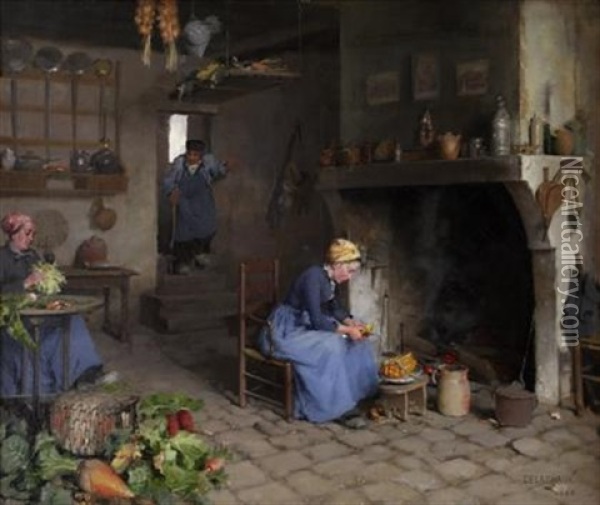Interior At Grez, France Oil Painting - Leon Delachaux