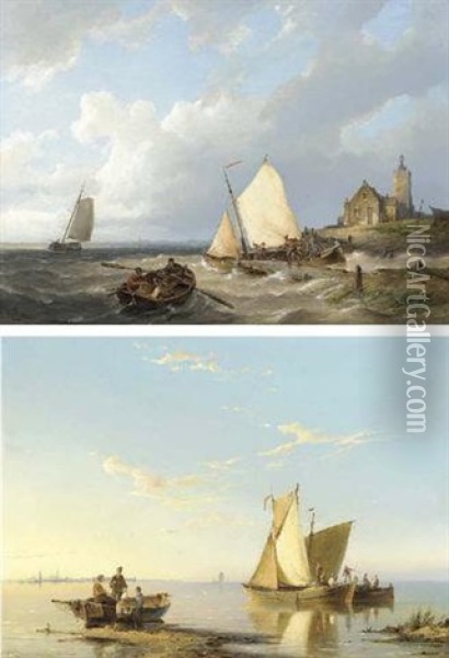 Fishing Boats Off The Coast On The Maas, Holland Oil Painting - Pieter Cornelis Dommershuijzen