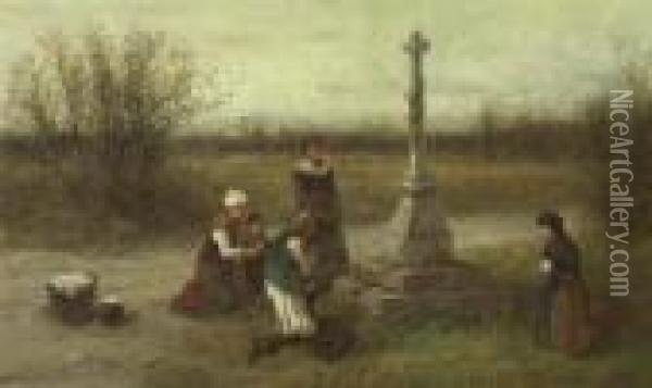 Familie Vor Einem Kreuz. 1870. Oil Painting - George Henry Boughton