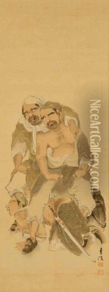 Depicting Kanshin Crawling Between The Legs Of Two Men Oil Painting - Setcho Keishun