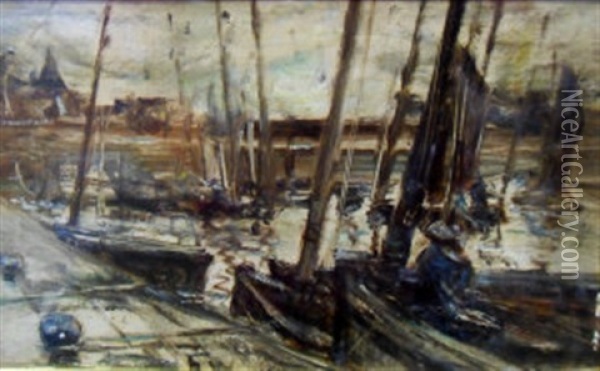 Moored Vessels In A Busy Harbor Oil Painting - Peter Wishart