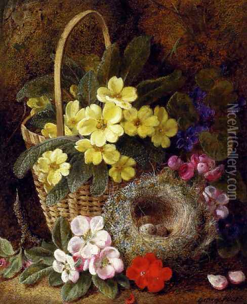 Still Life with Primroses, Violas, cherry Blossom and Geraniums and a Thrush's Nest Oil Painting - George Clare