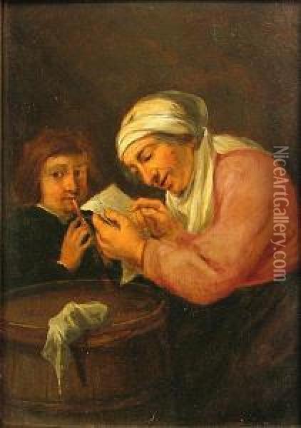 A Boy Playing A Flute And A Woman Reading A Letter In Aninterior Oil Painting - Joos van Craesbeeck