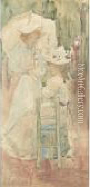 Two Women In A Park: A Double-sided Watercolor Oil Painting - Maurice Brazil Prendergast
