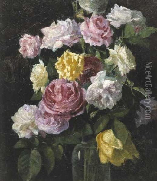 Vaso Con Rose Bianche Oil Painting - Ettore Cumbo