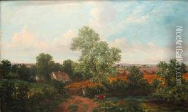 A Country Landscape With A Woman And Twochildren By A Pond Oil Painting - William Meadows