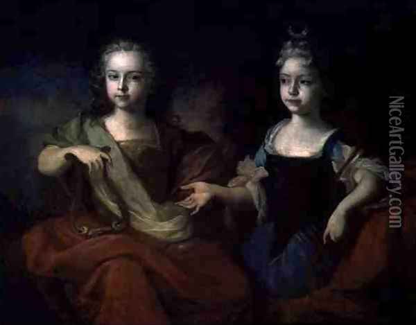 Tsarevich Peter Alekseevitch and Tsarevna Nathalie Alekseevna as Apollo and Diana, c.1722 Oil Painting - Louis Caravaque
