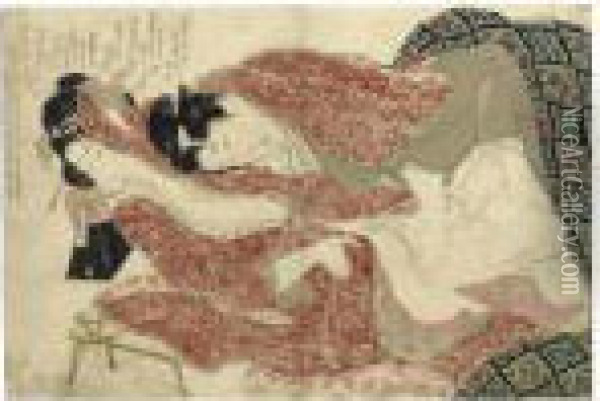 Three Shunga (erotic) Prints: 
Two Sheets From The Series 'ehon Tsuhi No Hinagata' By Hokusai And One 
Sheet From The Series 'negai No Itoguchi' Oil Painting - Katsushika Hokusai