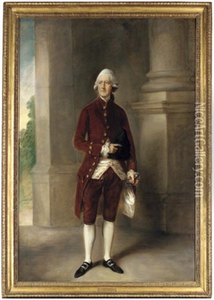Portrait Of Sir Charles Gould, Full-length, In A Brown Coat And Breeches And A White Waistcoat, Holding A Tricorn In His Right Hand, His Left Hand On The Hilt Of A Sword, In An Architectural Interior Oil Painting - Thomas Gainsborough